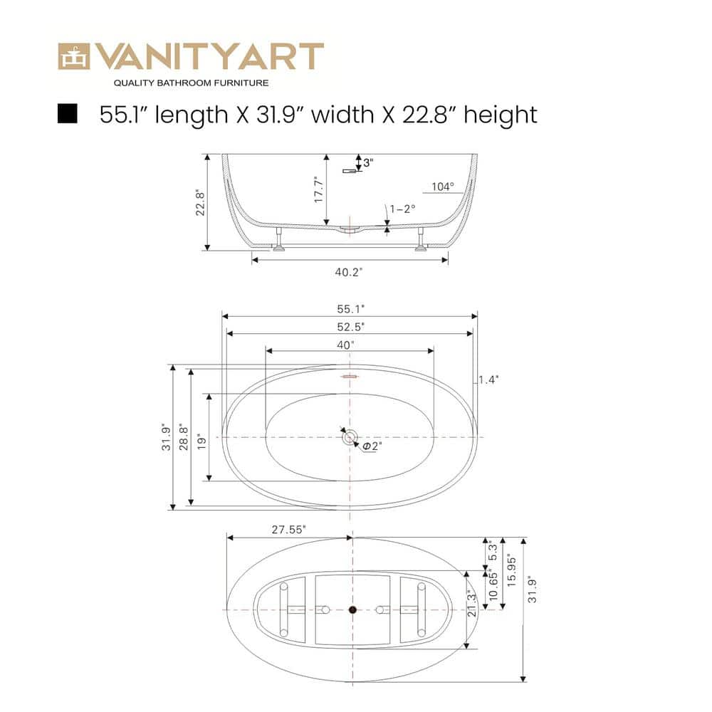 Vanity Art Calais 55 in. L x 32 in. W Acrylic Flatbottom Freestanding Bathtub with Center Drain in White/Integrated Overflow