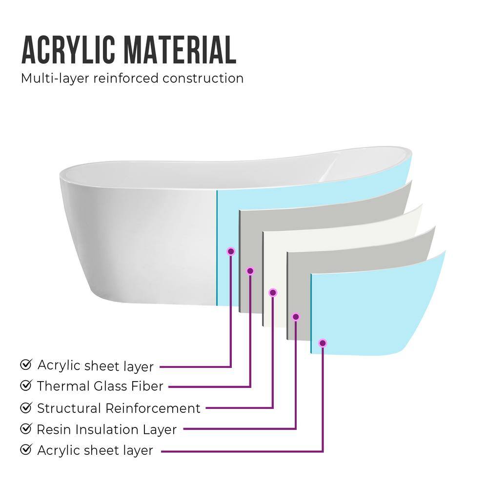 Vanity Art Clermont 59 in. Acrylic Freestanding Flatbottom Bathtub in White with Integrated Overflow