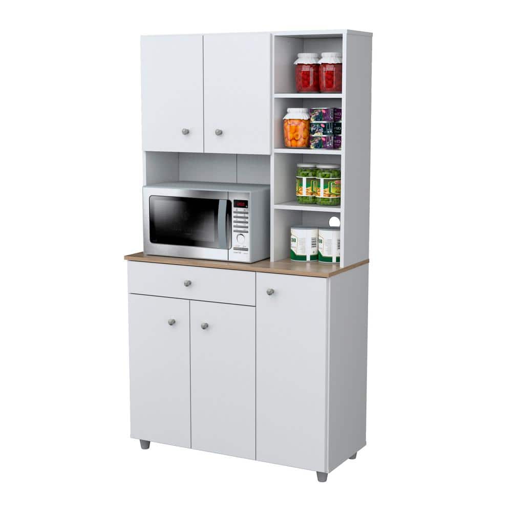 Inval 35.1 in. W x 66.1 in. H x 15.5 in. D Microwave Storage Utility Cabinet in White and Maple with 5 Doors and 10 shelves