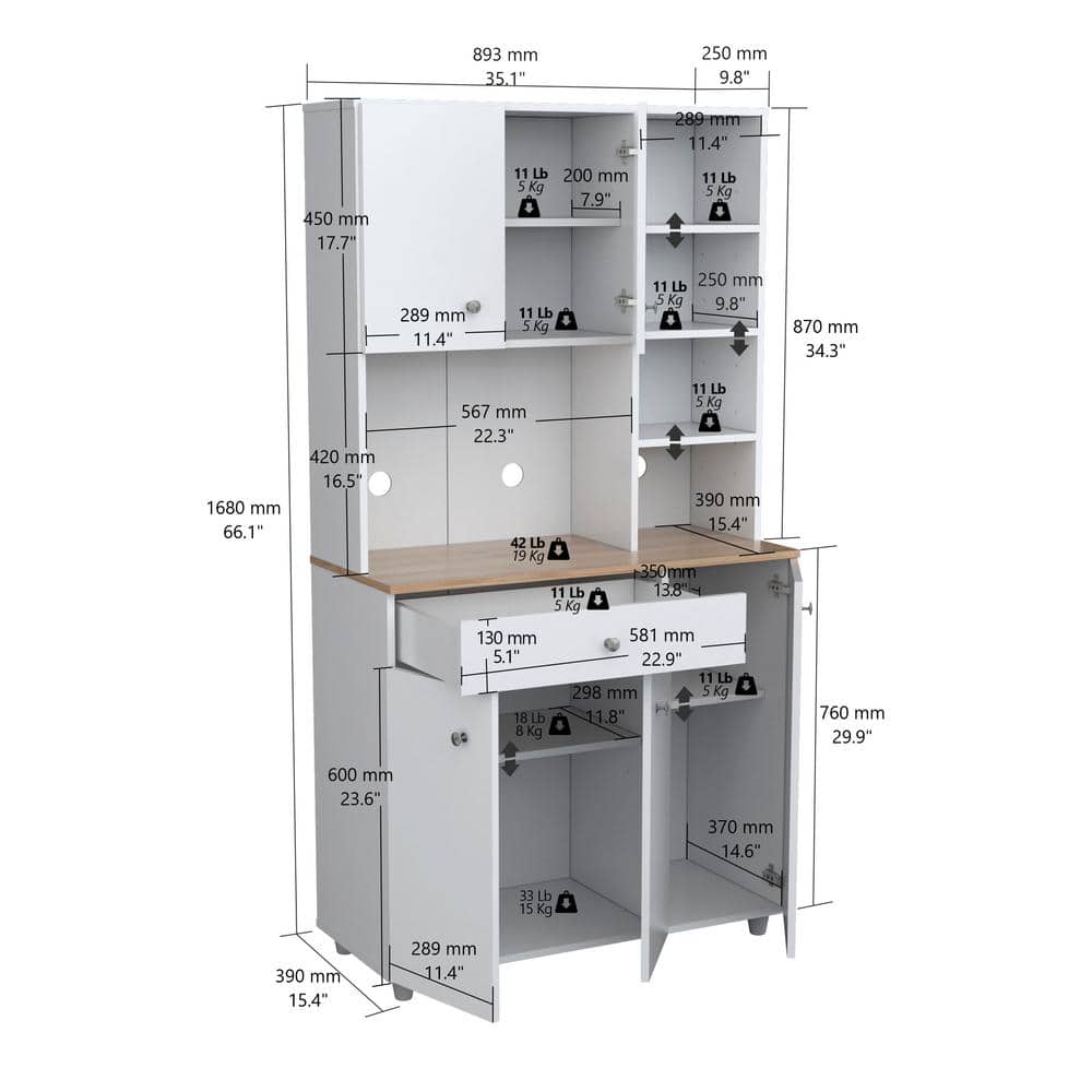 Inval 35.1 in. W x 66.1 in. H x 15.5 in. D Microwave Storage Utility Cabinet in White and Maple with 5 Doors and 10 shelves