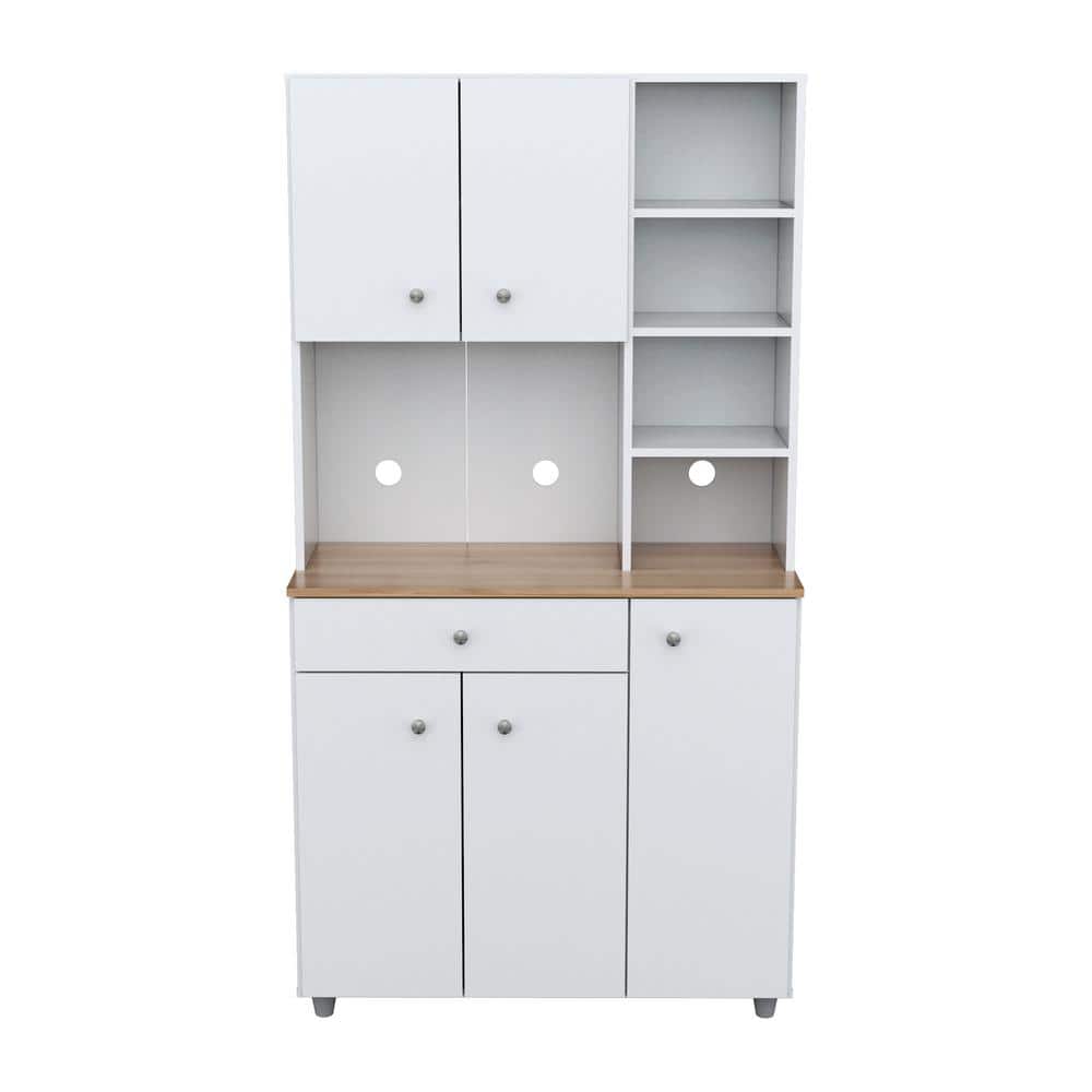 Inval 35.1 in. W x 66.1 in. H x 15.5 in. D Microwave Storage Utility Cabinet in White and Maple with 5 Doors and 10 shelves