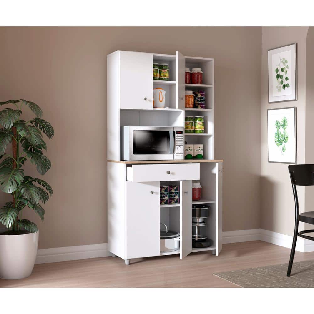 Inval 35.1 in. W x 66.1 in. H x 15.5 in. D Microwave Storage Utility Cabinet in White and Maple with 5 Doors and 10 shelves