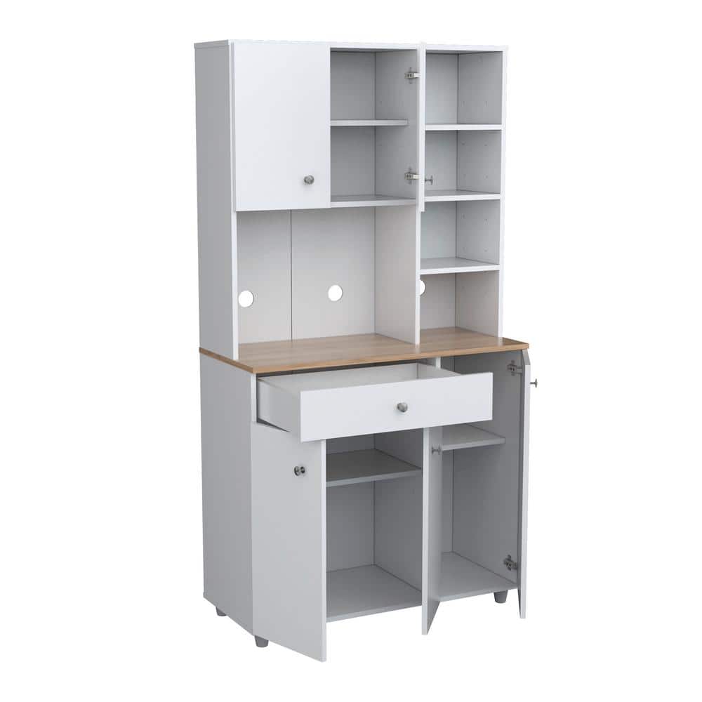 Inval 35.1 in. W x 66.1 in. H x 15.5 in. D Microwave Storage Utility Cabinet in White and Maple with 5 Doors and 10 shelves