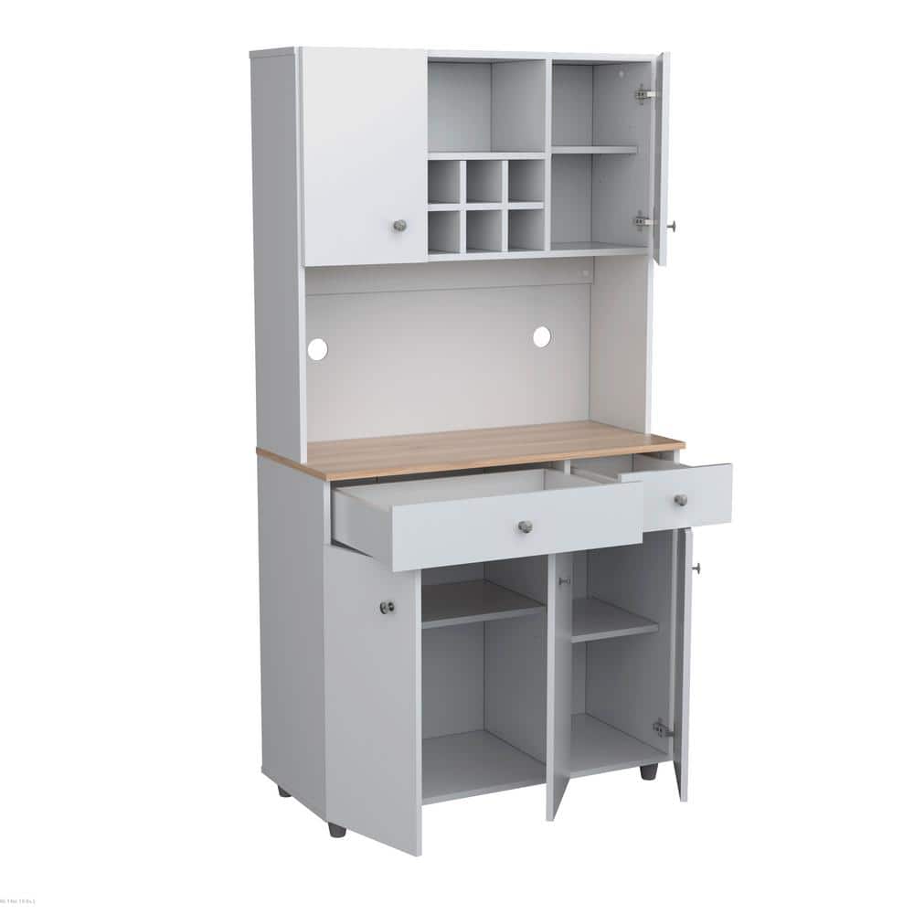 Inval 35.10 in. W x 15.50 in. D x 66.10 in. H Ready to Assemble 5 Door Microwave Storage Utility Cabinet in White and Maple