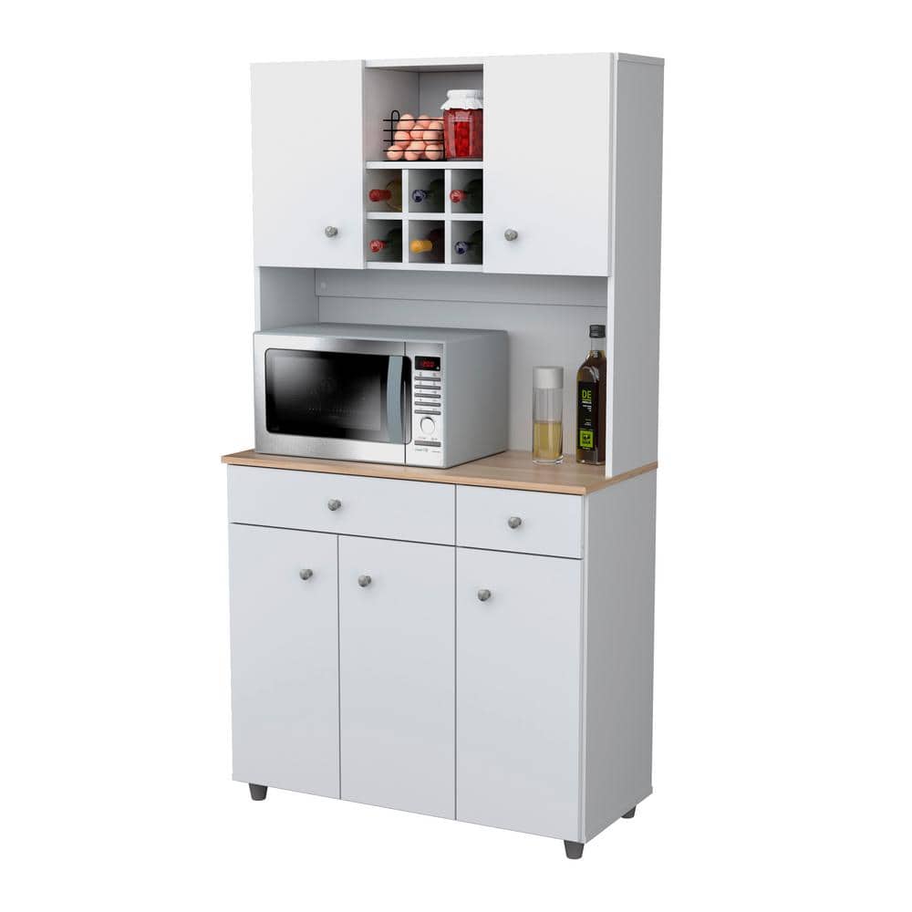 Inval 35.10 in. W x 15.50 in. D x 66.10 in. H Ready to Assemble 5 Door Microwave Storage Utility Cabinet in White and Maple