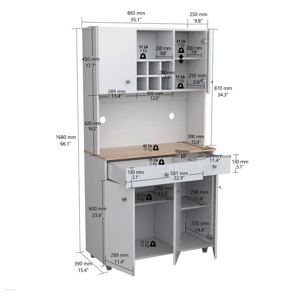 Inval 35.10 in. W x 15.50 in. D x 66.10 in. H Ready to Assemble 5 Door Microwave Storage Utility Cabinet in White and Maple