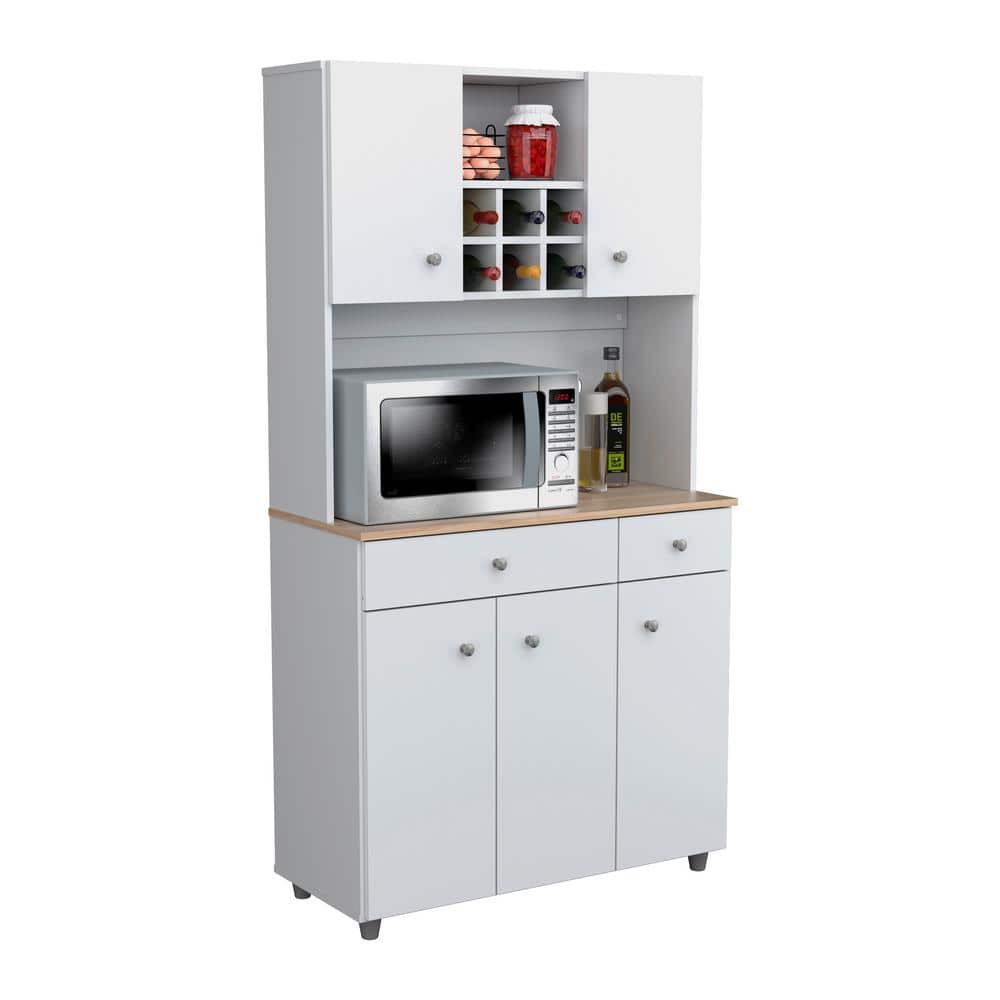 Inval 35.10 in. W x 15.50 in. D x 66.10 in. H Ready to Assemble 5 Door Microwave Storage Utility Cabinet in White and Maple