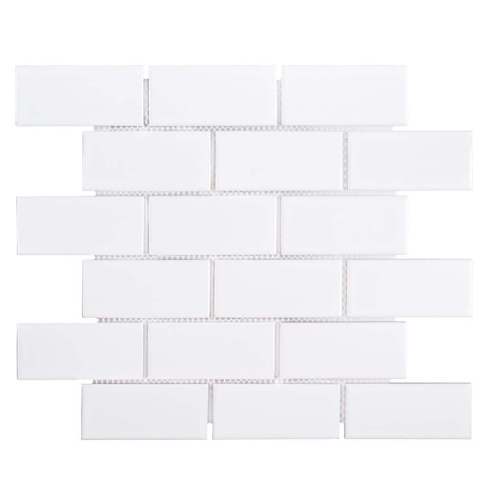 Jeffrey Court Classic 2 x 4 Brick White 11.625 in. x 11.625 in. x 6 mm Interlocking Glossy Porcelain Wall and Floor Mosaic Tile