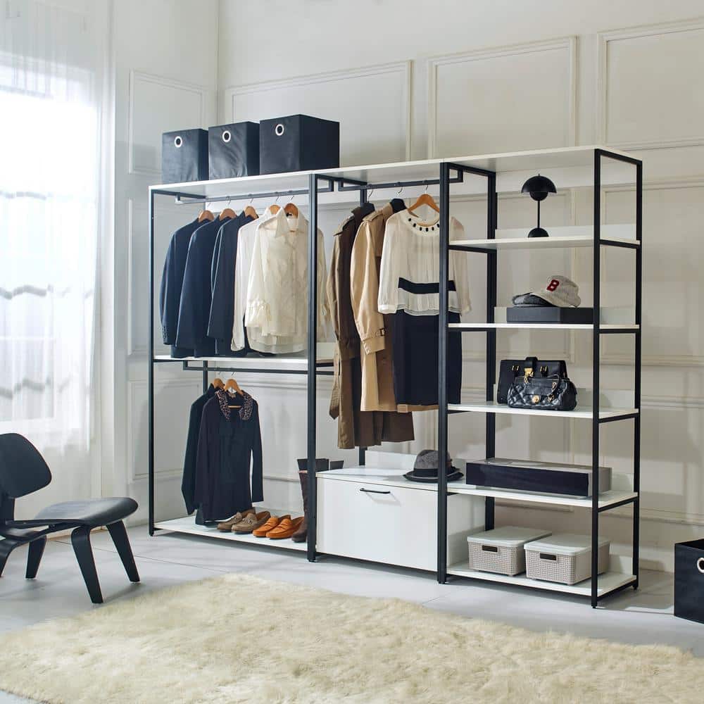 Klair Living Fiona 111 in. W White Freestanding Walk in Wood Closet System with Metal Frame