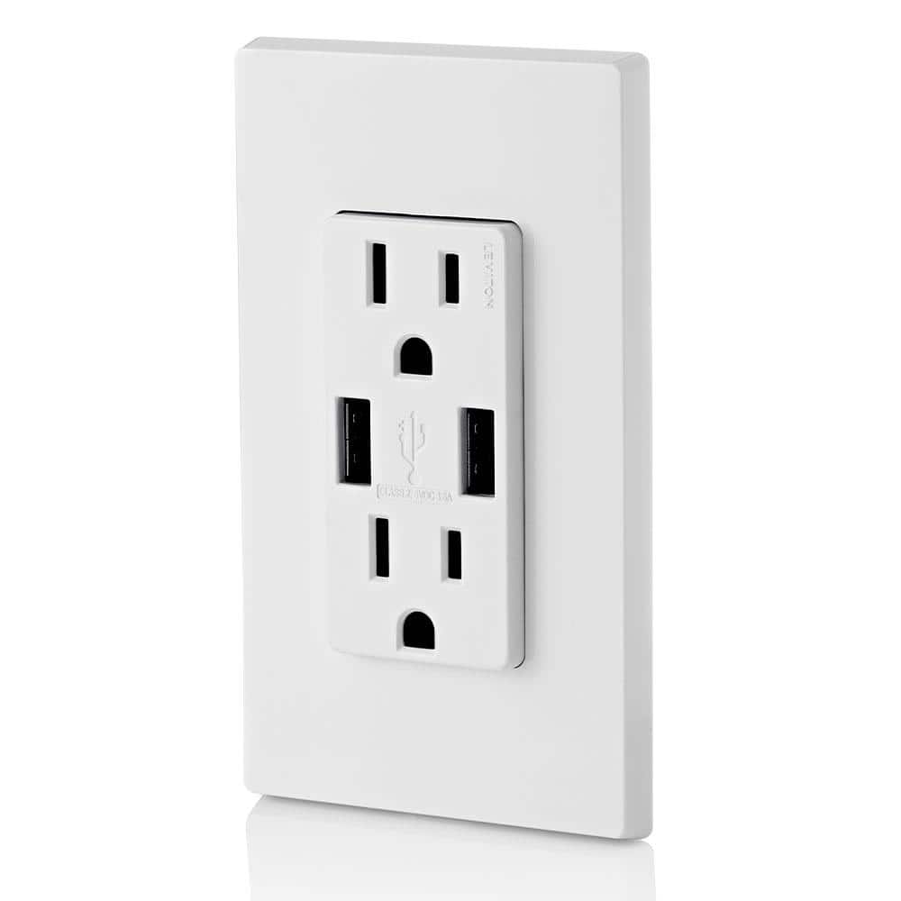 Leviton 15 Amp Decora Combination Tamper-Resistant Duplex Outlet with Dual USB-A Charger, White (3-Pack)