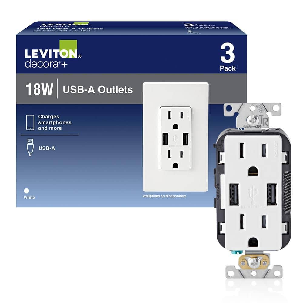 Leviton 15 Amp Decora Combination Tamper-Resistant Duplex Outlet with Dual USB-A Charger, White (3-Pack)