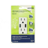 Leviton 3.6A USB Dual Type A In‑Wall Charger with 15 Amp Tamper‑Resistant Outlets, White