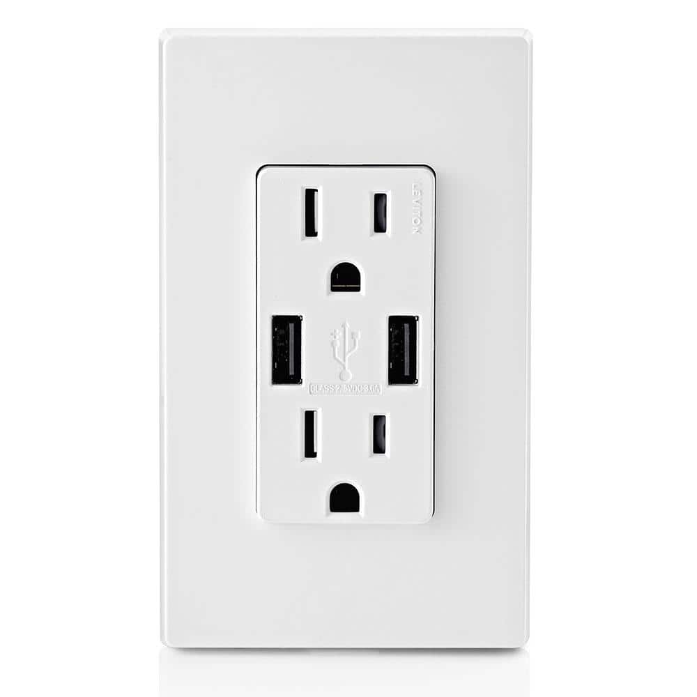 Leviton 3.6A USB Dual Type A In‑Wall Charger with 15 Amp Tamper‑Resistant Outlets, White