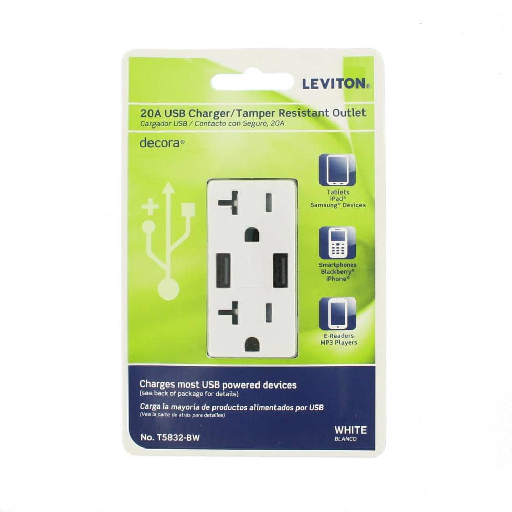 Leviton Decora 20 Amp 125-Volt Combination Duplex Outlet with Dual USB-A Charger, White
