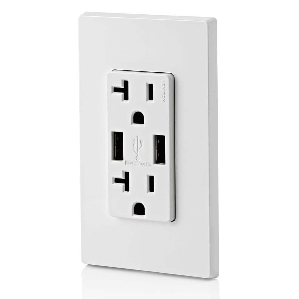 Leviton Decora 20 Amp 125-Volt Combination Duplex Outlet with Dual USB-A Charger, White