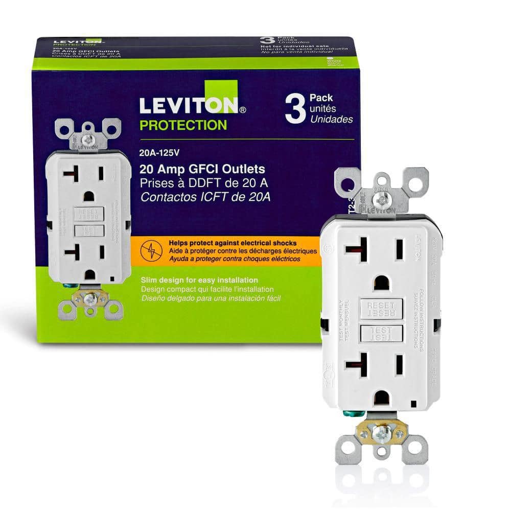 Leviton 20 Amp Self-Test SmartlockPro Slim GFCI Duplex Outlet, White (3-Pack)