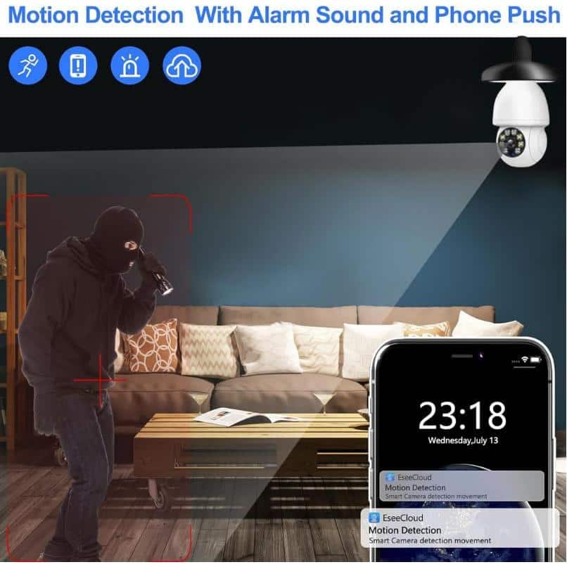 Lukyamzn Wireless Indoor Plug-in WiFi Security Camera with Color Night Vision 2-Way Audio 5G Light Bulb Security Camera, White