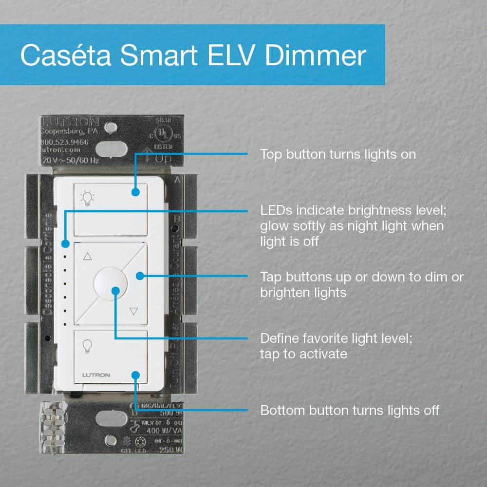 Lutron Caseta Smart Lighting Dimmer Switch for ELV Bulbs, 250W LED Bulbs, White (PD-5NE-WH)