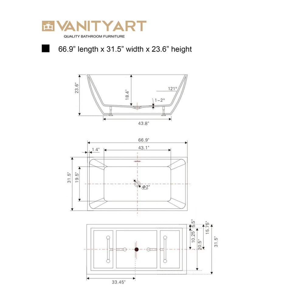 Vanity Art 67 in. Acrylic Flatbottom Freestanding Bathtub in White/Matte Black