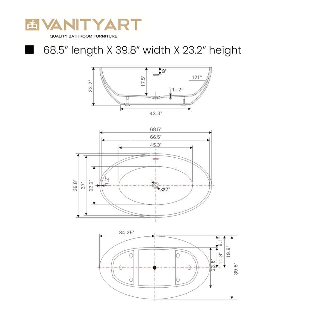 Vanity Art Amiens 69 in. x 40 in. Acrylic Flatbottom Freestanding Soaking Bathtub with Center Drain in White/Matte Black