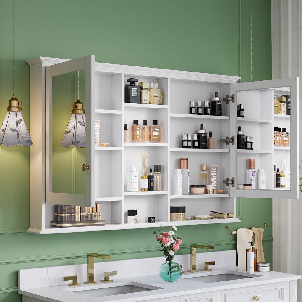 ANGELES HOME 55 in. W x 35 in. H Rectangular Solid Wood Bathroom Medicine Cabinet with Mirror, 2 Soft-Closed Doors, Easy Hang, White