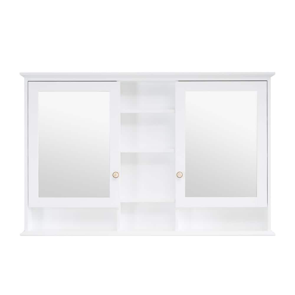 ANGELES HOME 55 in. W x 35 in. H Rectangular Solid Wood Bathroom Medicine Cabinet with Mirror, 2 Soft-Closed Doors, Easy Hang, White