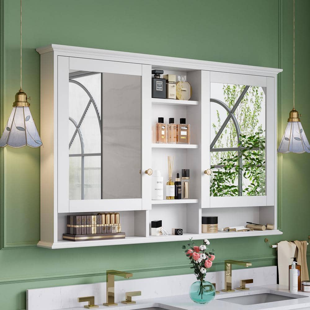 ANGELES HOME 55 in. W x 35 in. H Rectangular Solid Wood Bathroom Medicine Cabinet with Mirror, 2 Soft-Closed Doors, Easy Hang, White