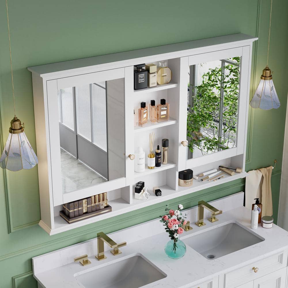 ANGELES HOME 55 in. W x 35 in. H Rectangular Solid Wood Bathroom Medicine Cabinet with Mirror, 2 Soft-Closed Doors, Easy Hang, White