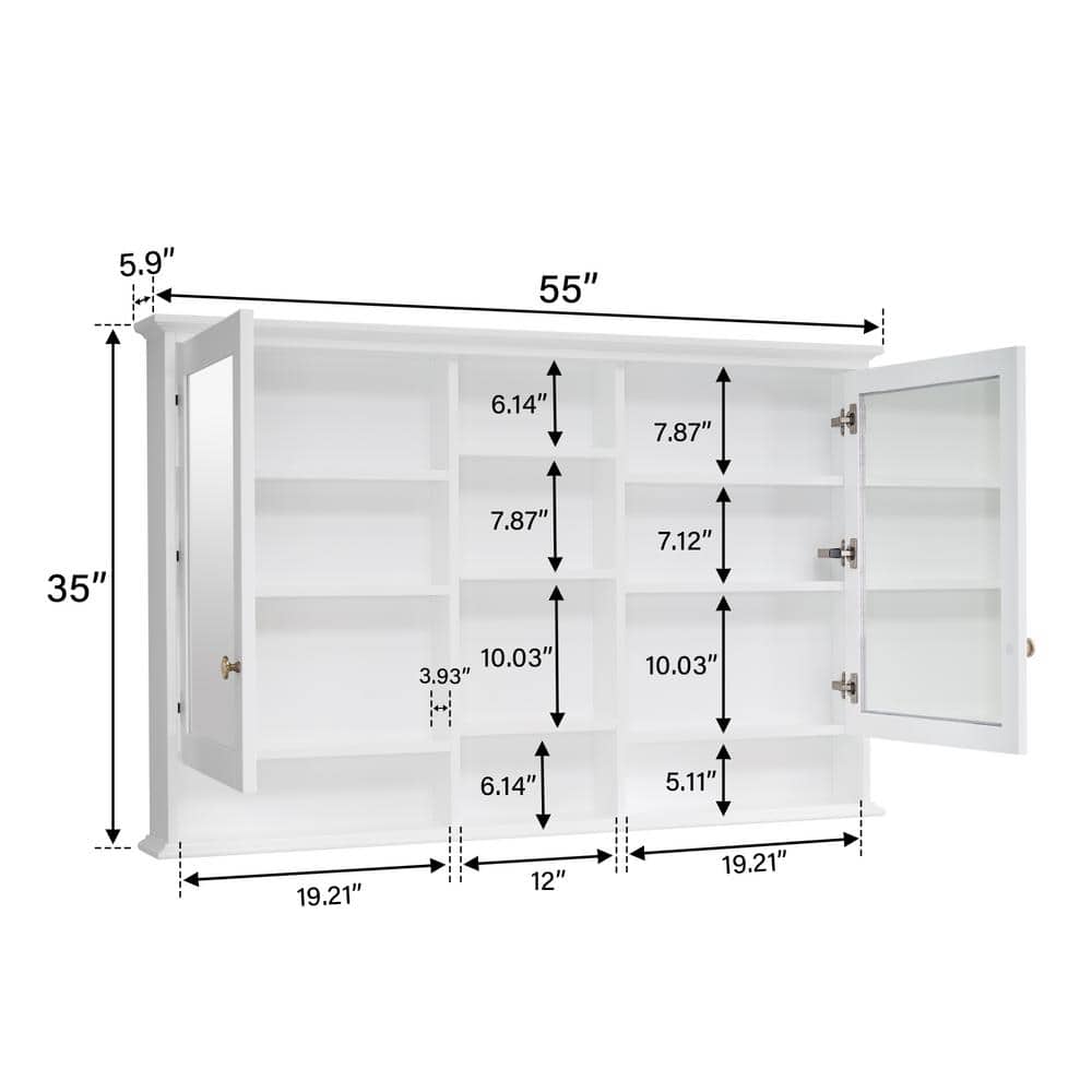 ANGELES HOME 55 in. W x 35 in. H Rectangular Solid Wood Bathroom Medicine Cabinet with Mirror, 2 Soft-Closed Doors, Easy Hang, White