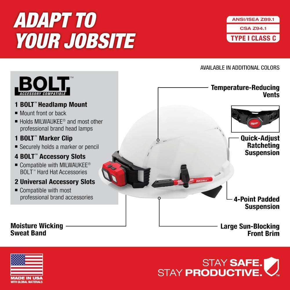Milwaukee BOLT White Type 1 Class C Front Brim Vented Hard Hat, 4-Point Ratcheting Suspension, with Smoke Full Face Shield
