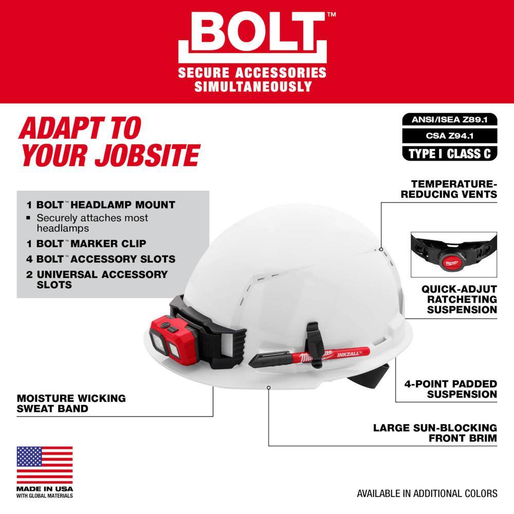 Milwaukee BOLT White Type 1 Class C Front Brim Vented Hard Hat with 4-Point Ratcheting Suspension and BOLT Mesh Full Faceshield
