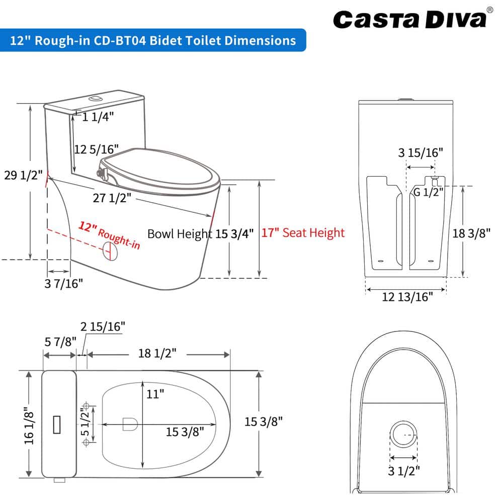 Casta Diva Elongated Bidet Toilet Combo Dual Flush in White