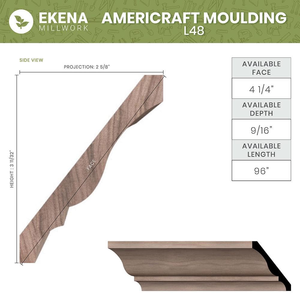 Ekena Millwork WM48 0.56 in. D x 4.25 in. W x 96 in. L Wood (White Oak) Crown Moulding