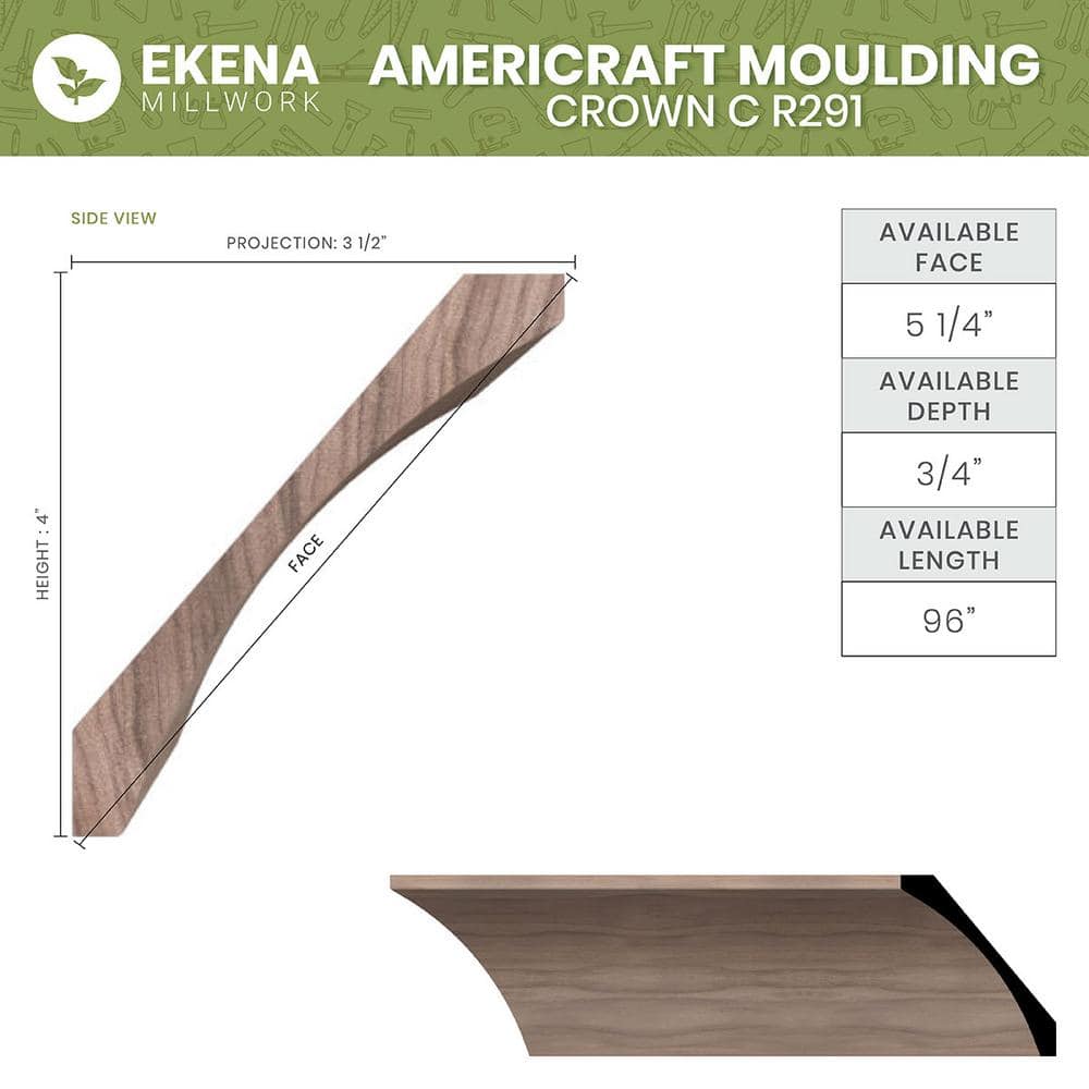 Ekena Millwork WM291 0.75 in. D x 5.25 in. W x 96 in. L Wood (White Oak) Crown Molding