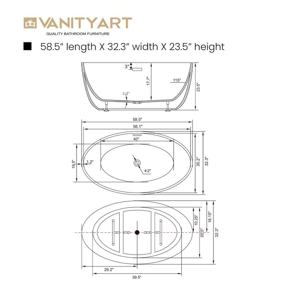 Vanity Art 59 in. Acrylic Flatbottom Freestanding Bathtub in White/Oil Rubbed Bronze