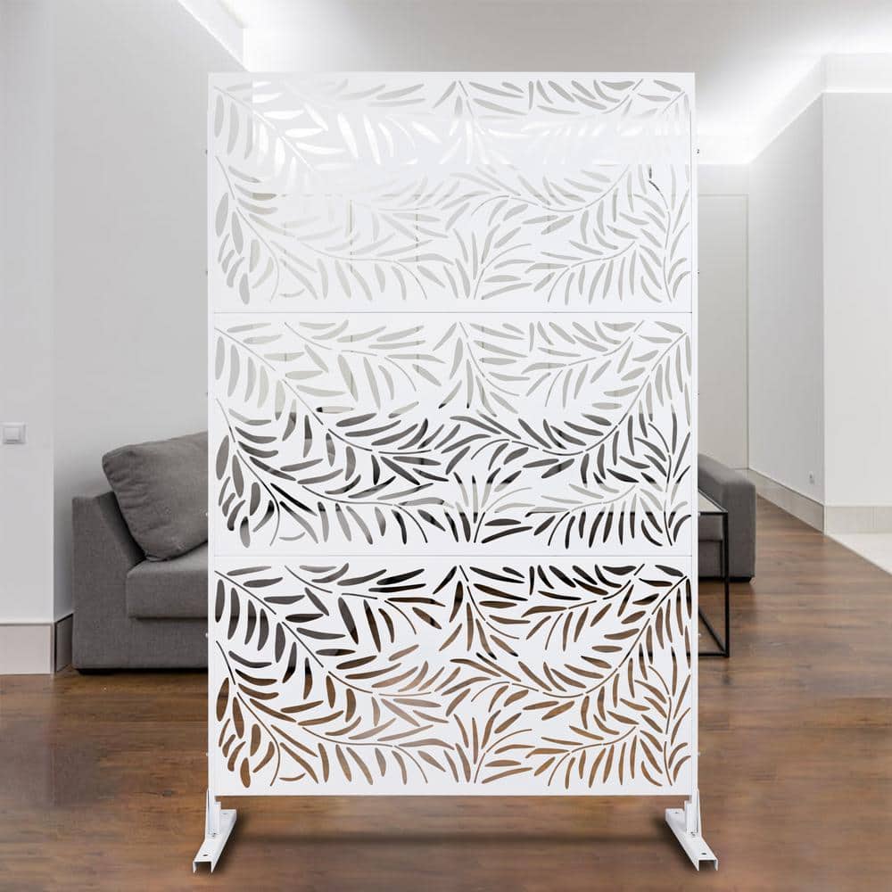 76 in. H x 48 in. W Leaf Hollow Shape Metal Freestanding Decorative Privacy Screen in White, Outdoor and Indoor