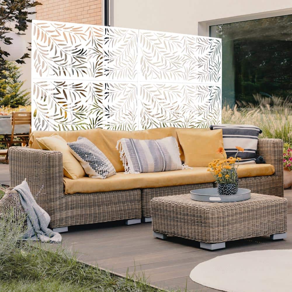 76 in. H x 48 in. W Leaf Hollow Shape Metal Freestanding Decorative Privacy Screen in White, Outdoor and Indoor