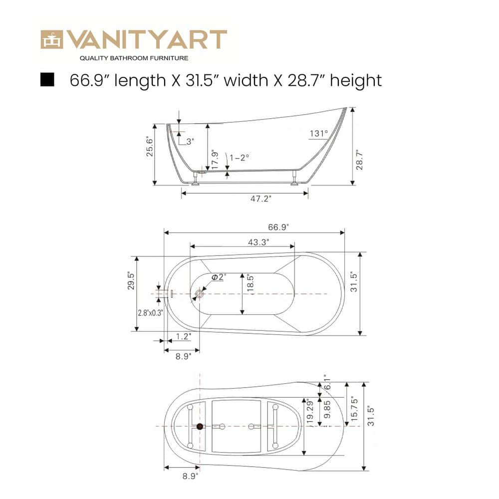 Vanity Art Colombes 67 in. Acrylic Flatbottom Freestanding Bathtub in Pure White