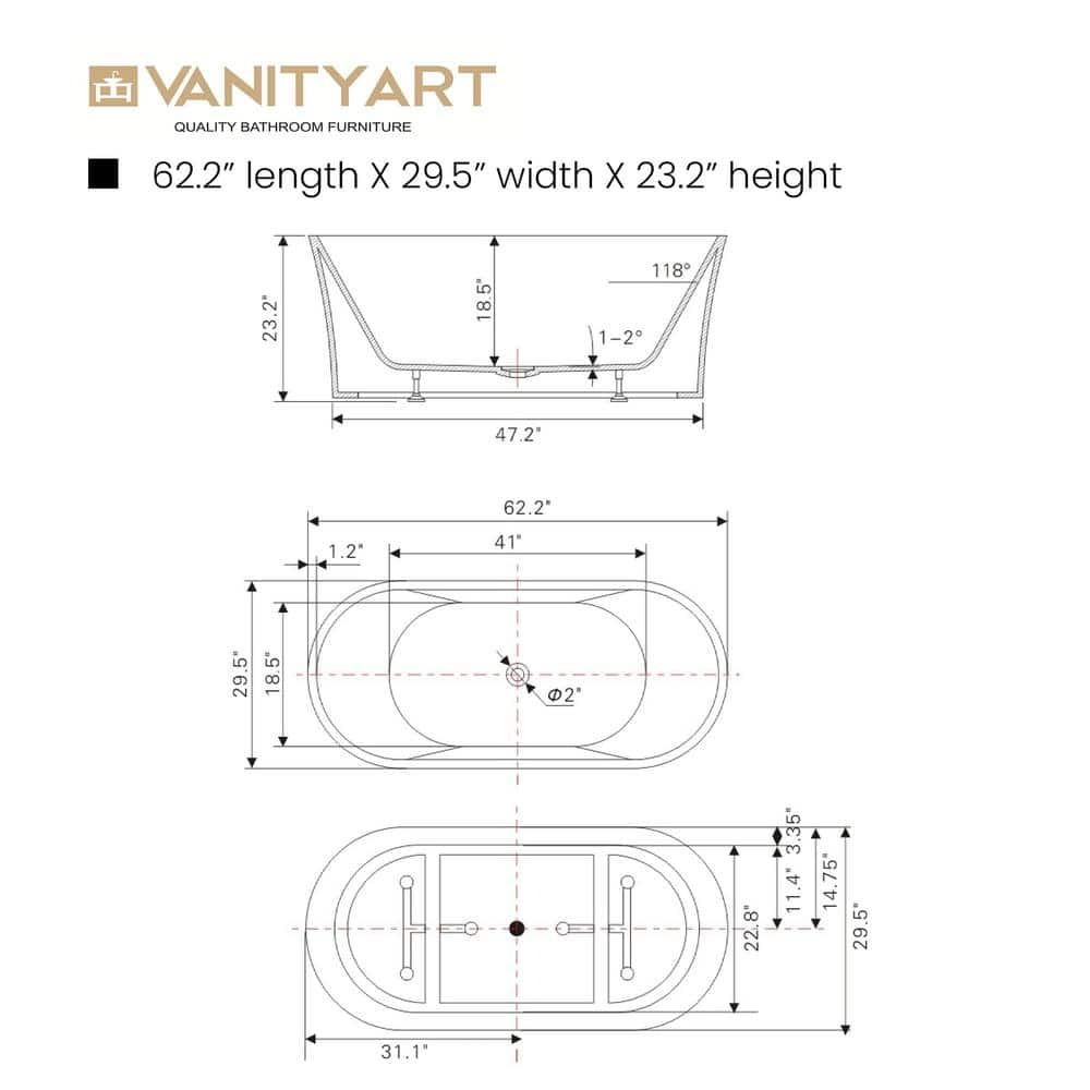 Vanity Art Antony 63 in. Acrylic Flatbottom Freestanding Bathtub in White