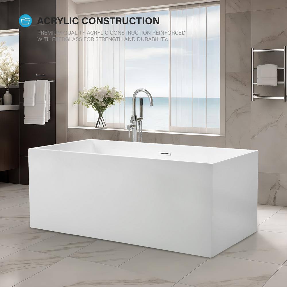 Vanity Art 59 in. Acrylic Flatbottom Freestanding Bathtub in White/Polished Chrome