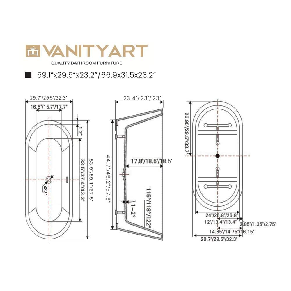 Vanity Art 67 in. Acrylic Flatbottom Freestanding Bathtub in White/Polished Chrome