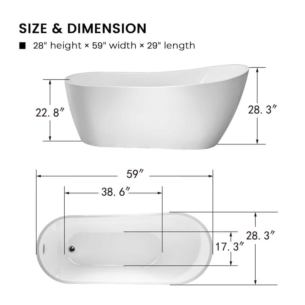 Vanity Art Clermont 59 in. Acrylic Freestanding Flatbottom Bathtub in White