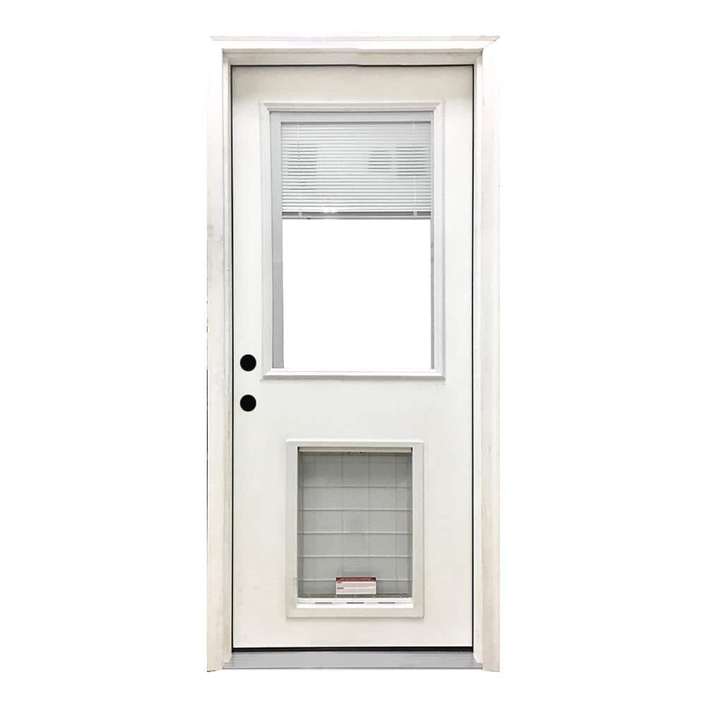Steves & Sons 32 in. x 80 in. Reliant Series Clear Mini-Blind RHIS White Primed Fiberglass Prehung Front Door with XL Pet Door