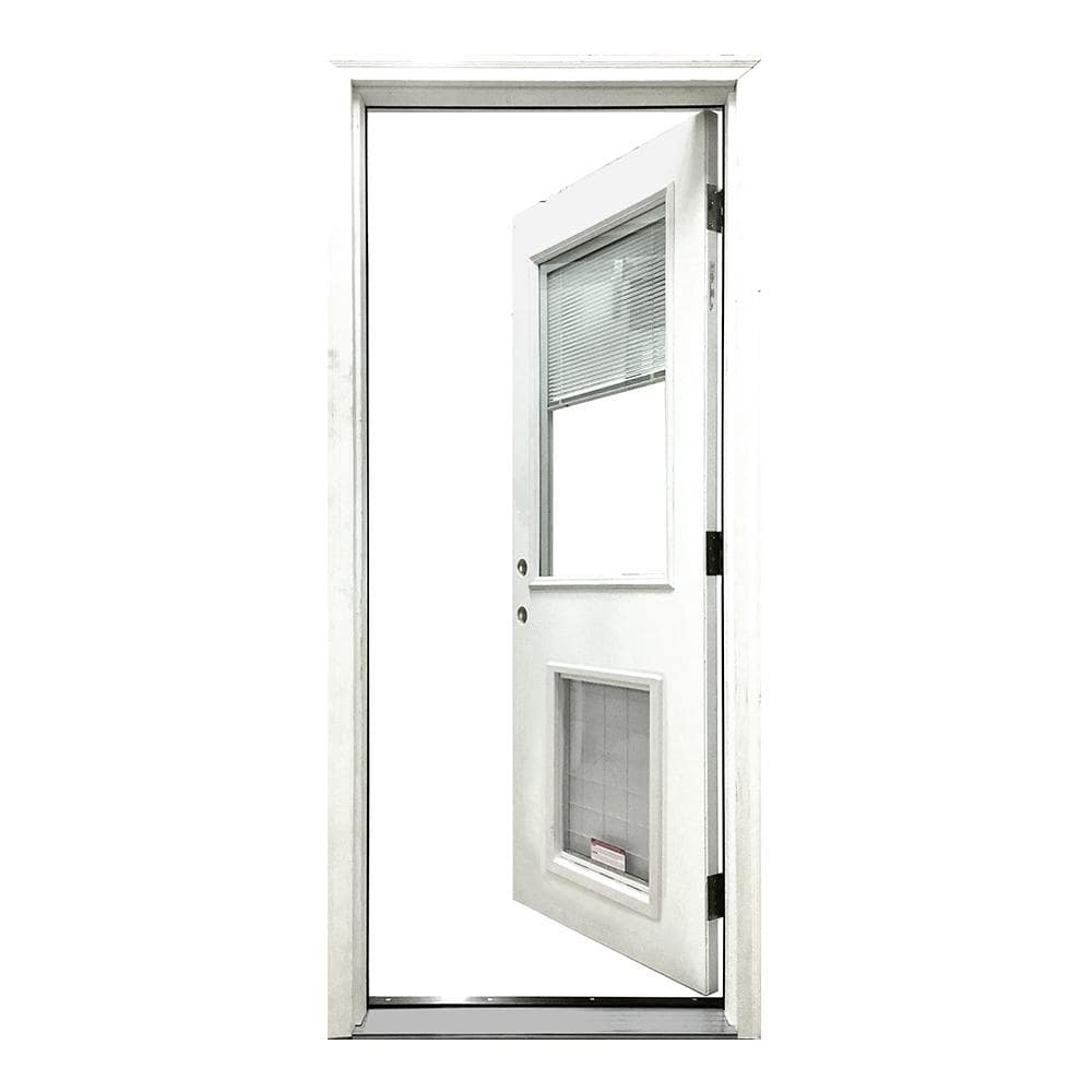 Steves & Sons 32 in. x 80 in. Reliant Series Clear Mini-Blind RHIS White Primed Fiberglass Prehung Front Door with XL Pet Door