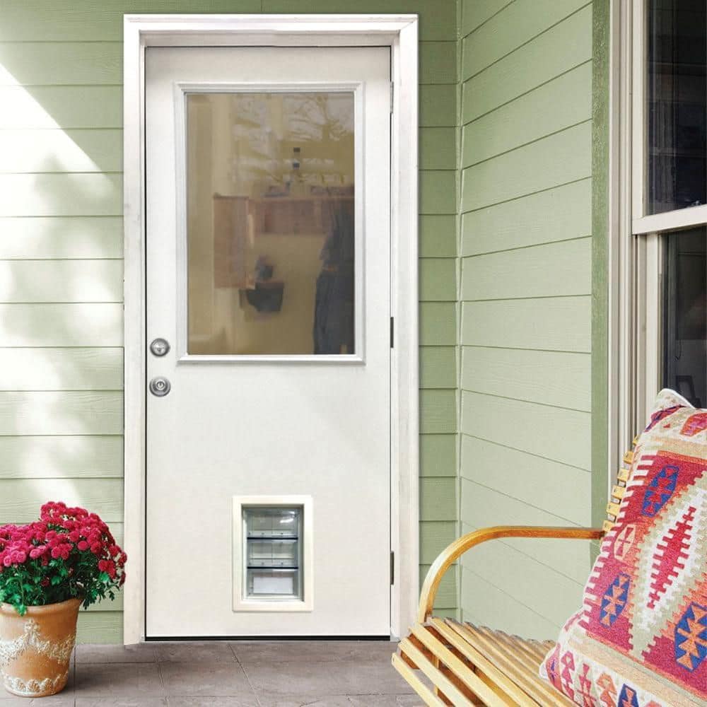 Steves & Sons 32 in. x 80 in. Reliant Series Clear Mini-Blind LHOS White Primed Fiberglass Prehung Back Door with Extra Large Pet Door