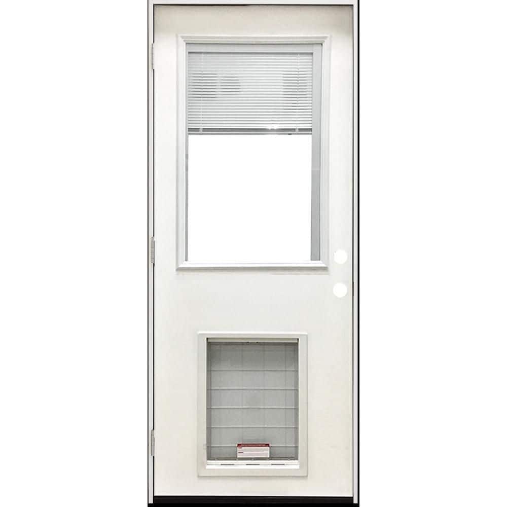 Steves & Sons 32 in. x 80 in. Reliant Series Clear Mini-Blind RHOS White Primed Fiberglass Prehung Front Door with XL Pet Door