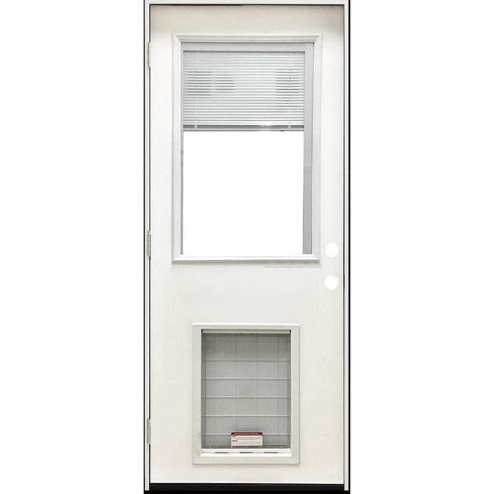 Steves & Sons 32 in. x 80 in. Reliant Series Clear Mini-Blind RHOS White Primed Fiberglass Prehung Front Door with XL Pet Door