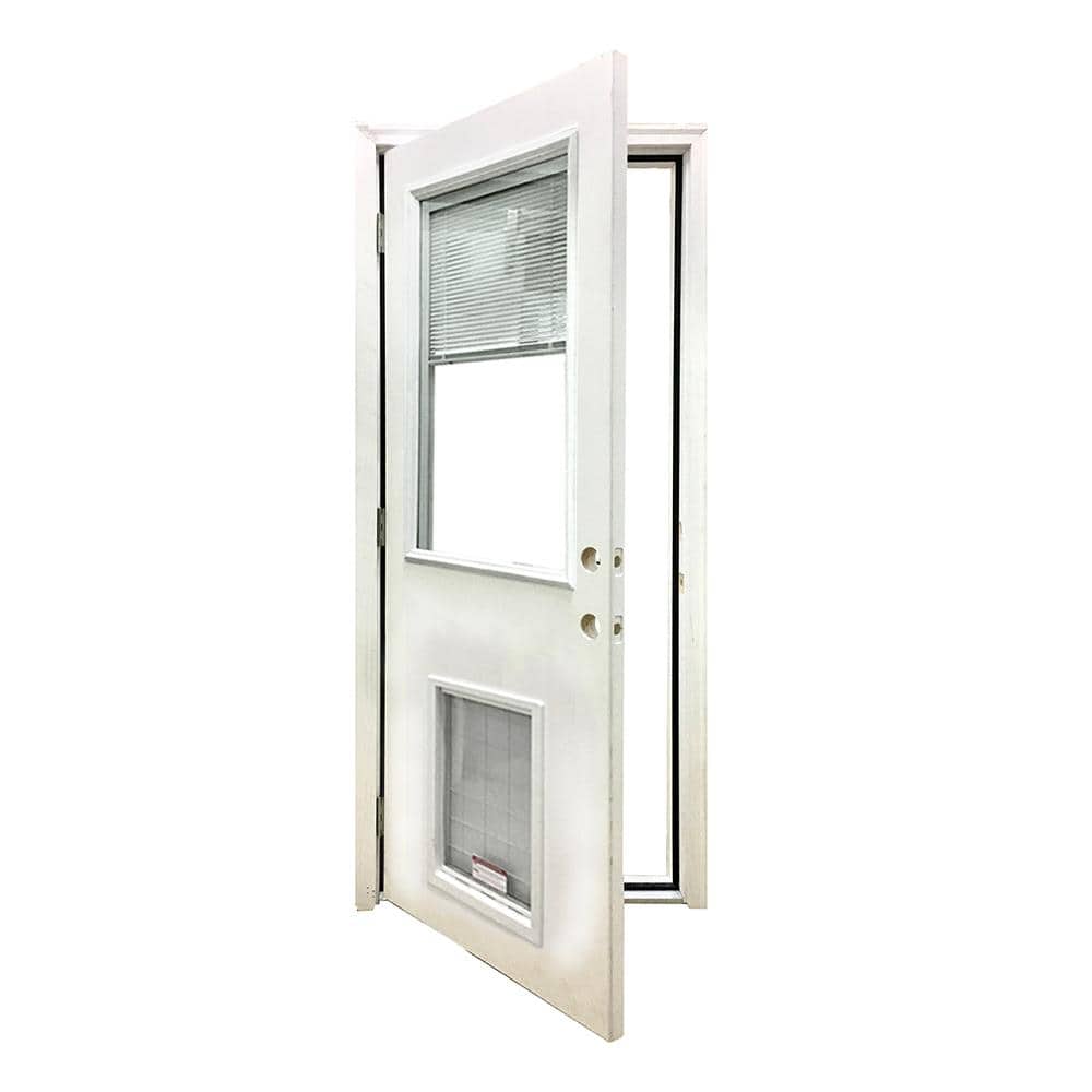 Steves & Sons 32 in. x 80 in. Reliant Series Clear Mini-Blind RHOS White Primed Fiberglass Prehung Front Door with XL Pet Door