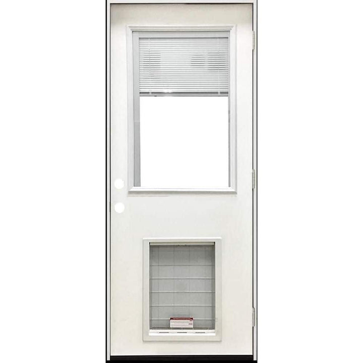 Steves & Sons 36 in. x 80 in. Reliant Series Clear Mini-Blind LHOS White Primed Fiberglass Prehung Back Door with Extra Large Pet Door