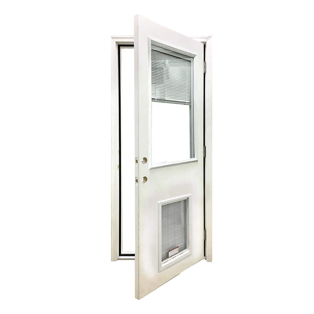 Steves & Sons 36 in. x 80 in. Reliant Series Clear Mini-Blind LHOS White Primed Fiberglass Prehung Back Door with Extra Large Pet Door